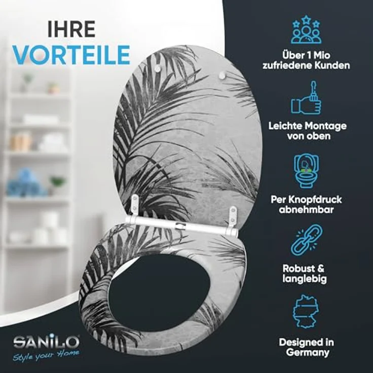 Sanilo WC Sitz Palmera, mit Absenkautomatik, schwarzes Design, stabiles Holz, antibakterielle Beschichtung, 46-48 cm verstellbar – Bild 2
