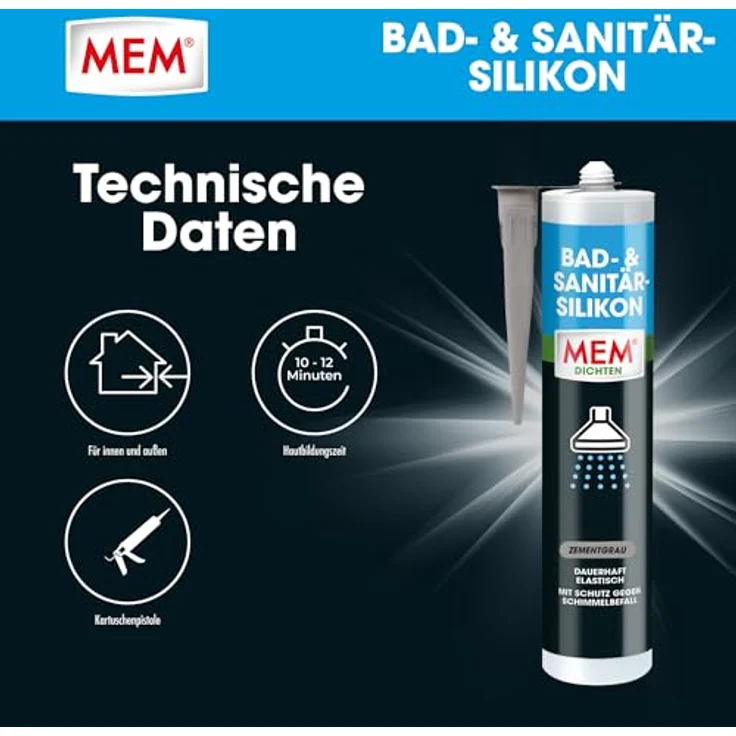 MEM Bad- & Sanitär-Silikon, Dauerhaft elastischer Silikon-Dichtstoff mit Schutz gegen Schimmelbefall, Im Innen- und Außenbereich, Gebrauchsfertig, Lösemittelfrei, 300 ml Kartusche, Zementgrau – Bild 3