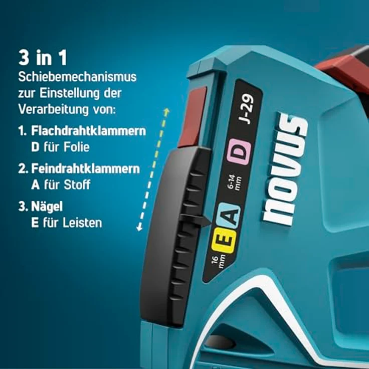 NOVUS Nagler Novus Tools J-29 030-0460 Handtacker Klammerntyp Typ 53F, Typ 53, Typ - Profi-Tacker mit Metall-Gehäuse, Feindraht- und Flachdrahtklammern, 16 mm Nägel, inkl. 1800 Feindrahtklammern A, Ergonomischer Softgrip-Hebel, Blau – Bild 3