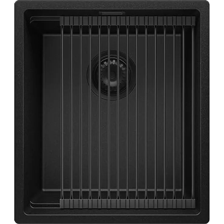 Primagran Spülbecken Alles Schwarz 41x47cm, Granitspüle 1 Becken + Ablauf-Set + Aufrollbare Abtropffläche - Prag Slim, schwarz