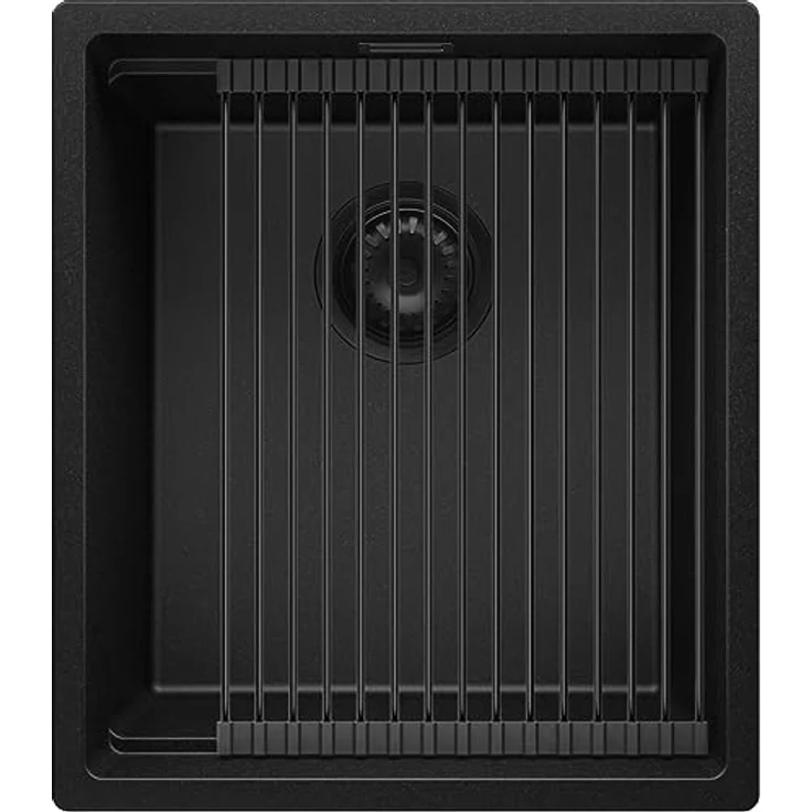 Primagran Spülbecken Alles Schwarz 41x47cm, Granitspüle 1 Becken + Ablauf-Set + Aufrollbare Abtropffläche - Prag Slim, schwarz – Bild 1