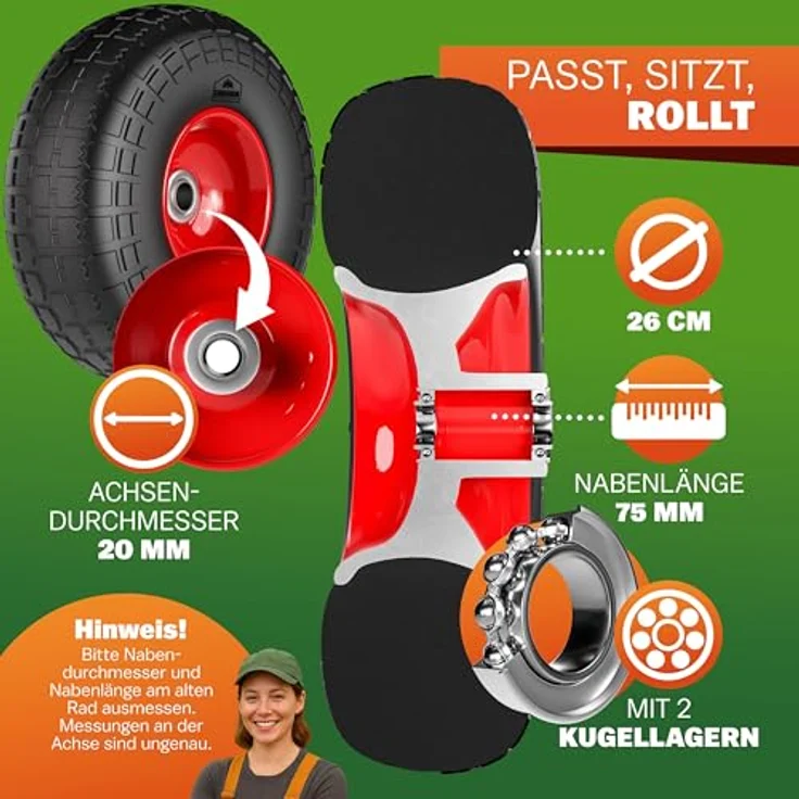 Gardebruk Sackkarre Ersatzrad 2er Set, pannensichere PU Reifen mit pulverbeschichteten Stahlfelgen, schwarz/rot, bis 200 kg belastbar – Bild 3