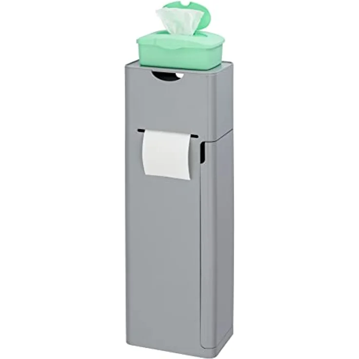 WENKO Stand WC-Garnitur Imon 6 in 1, mit integriertem Toilettenpapierhalter, WC-Bürstenhalter, Ersatzrollenhalter, Stauraumfächer und Ablage, solider Kunststoff, 20 x 58,5 x 15 cm, Grau mattiert – Bild 3