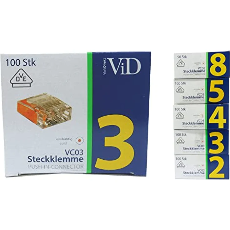 ViD VC03 Mini-Steckklemme, 3-polig für Kabel 0,5-2,5 mm², VDE-zertifiziert, 100 Stück, weiß – Bild 5