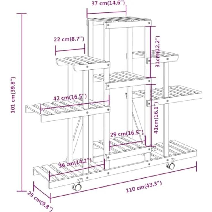 vidaXL Blumenständer, Pflanzständer mit Rollen 110x25x101 cm Massivholz Tanne, Karbonisiertes Braun, 360 Grad drehbare Rollen – Bild 9