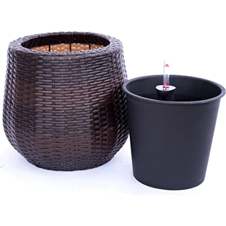 Elegant Einrichten Übertopf, runder Pflanzkübel aus coffee braunem Polyrattan mit Bewässerungssystem, 35x32 cm – Bild 7