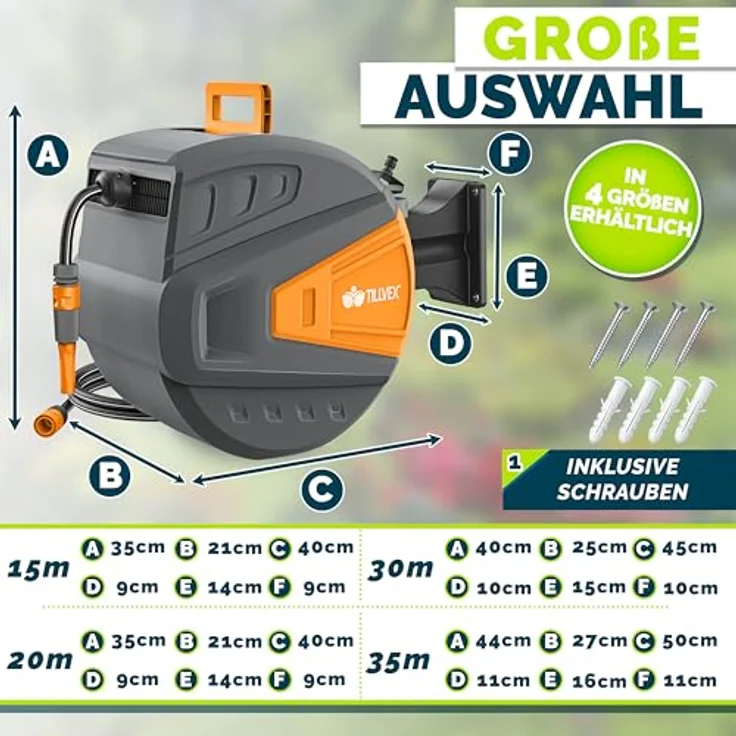 tillvex Schlauchtrommel Wasser mit Wandhalterung, 20m Gartenschlauch, Handbrause mit 9 Funktionen, 180° schwenkbar, anthrazit/orange, Aufroll-Automatik – Bild 3