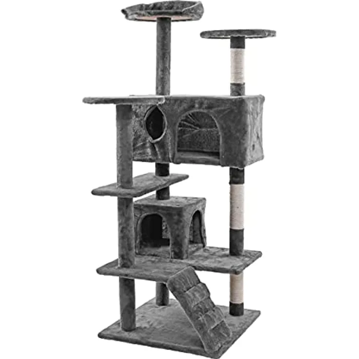 ESTEXO XL Kratzbaum Katzenbaum 130 cm Katzenkratzbaum Coco Kletterbaum Katzen Spielbaum Hellgrau, 3 Liegeflächen, 2 Höhlen, inkl. Spielzeug