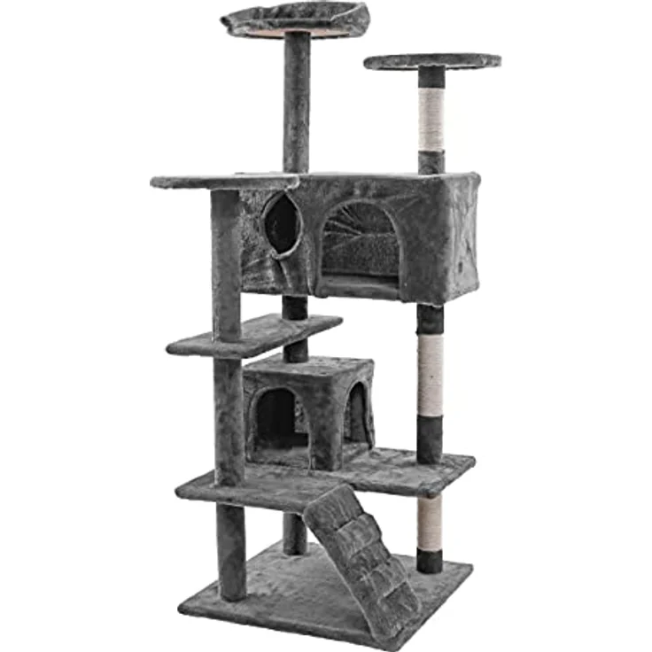 ESTEXO XL Kratzbaum Katzenbaum 130 cm Katzenkratzbaum Coco Kletterbaum Katzen Spielbaum Hellgrau, 3 Liegeflächen, 2 Höhlen, inkl. Spielzeug – Bild 1