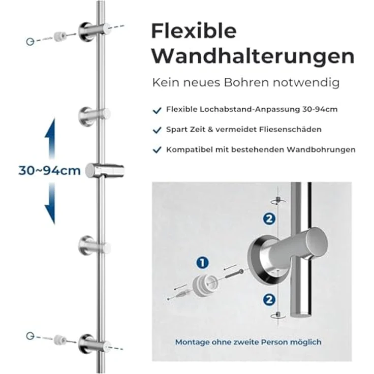 Görbach Duschset Edelstahl Duschstange mit verstellbarer Duschkopfhalterung, 100 cm, rostbeständig, Chrom – Bild 3