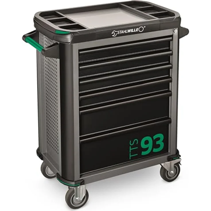 Stahlwille Premium-Werkzeugsortiment 93/157QR, Werkzeugwagen + Montagewagen mit 6 Schubladen, Zentralverriegelung, automatischem Schubladeneinzug und ölbeständigen Leichtlaufrädern – Bild 4