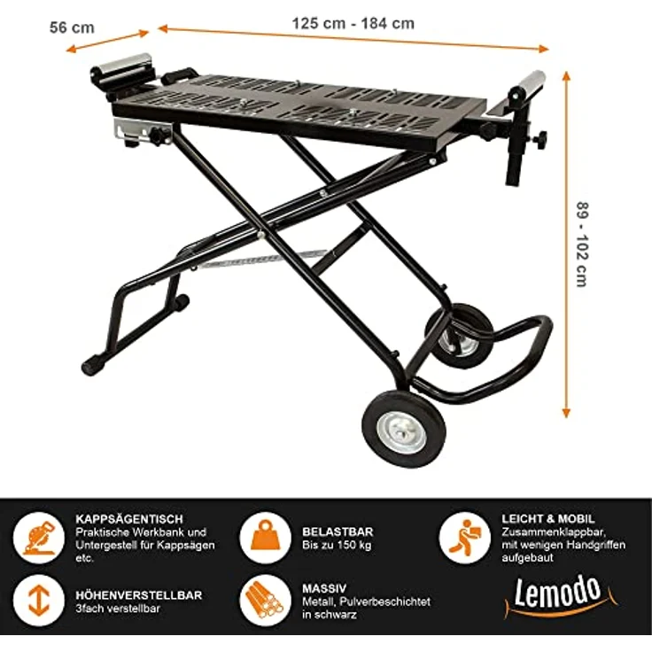 Lemodo mobile Werkbank, höhenverstellbarer Kappsägetisch, klappbar, schwarz, mit Transportrollen – Bild 2