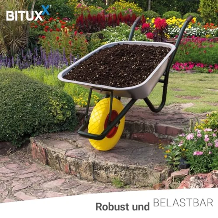 BITUXX® Schubkarre 100L, 250Kg Bauschubkarre verzinkt mit 400mm PU Rad, gelb – Bild 3