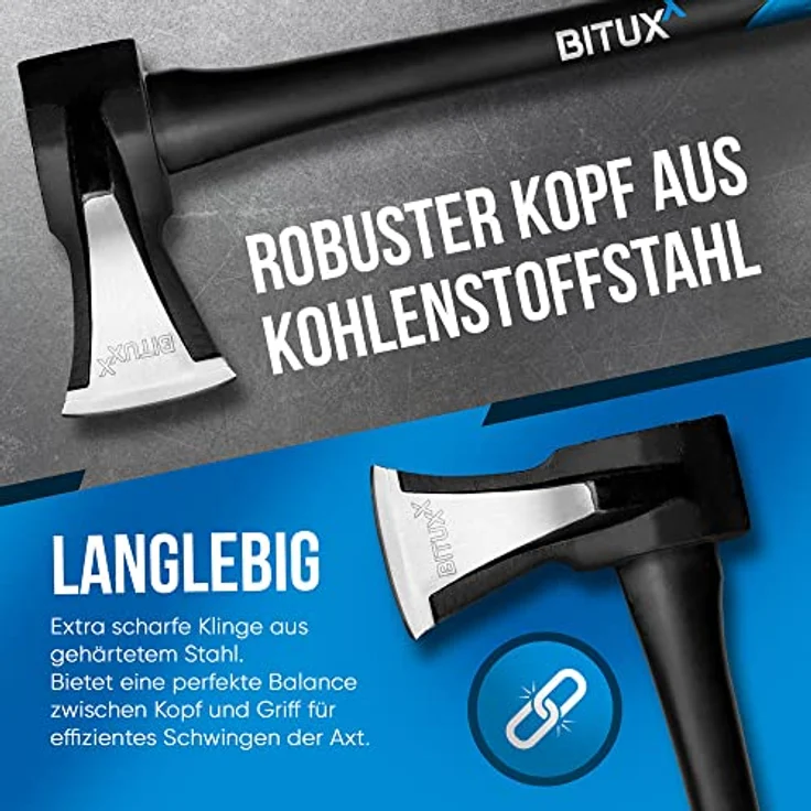 BITUXX Spaltaxt Spaltbeil Fiberglas Set, 600g mit griffsicherem Gummihandgriff und Kohlenstoffstahlkopf für Garten und Wald – Bild 4
