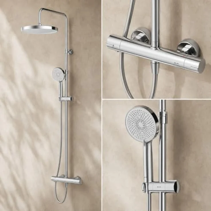 AM.PM Duschsystem Play, Thermostat Duscharmatur mit Regendusche und fünf Strahlarten, Chrom – Bild 1