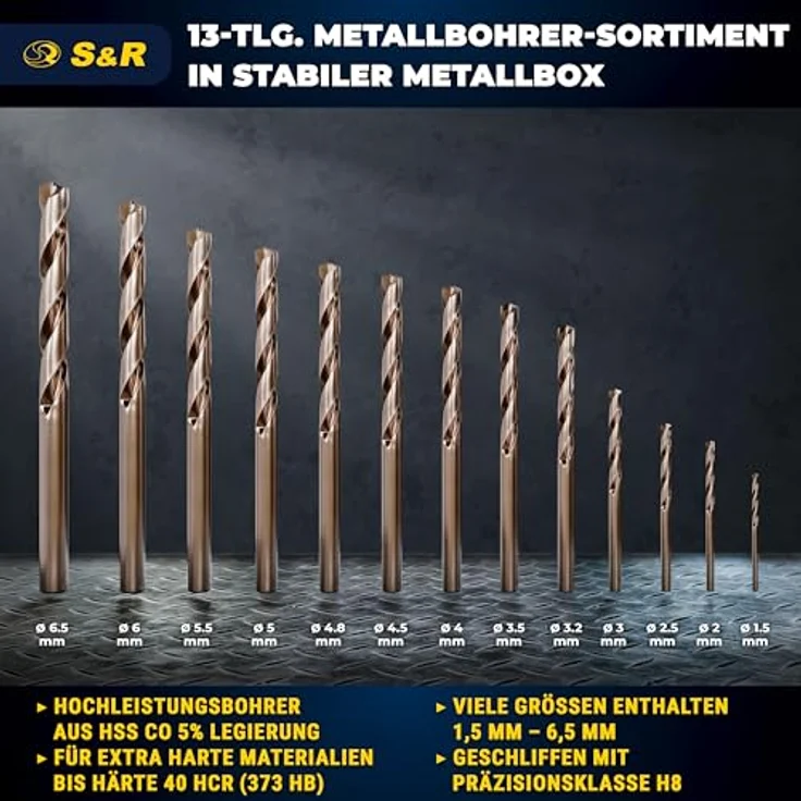 S&R Metallbohrer HSS-G COBALT, 13-tlg Set 1,5-6,5 mm, Industrie-Qualität, Kobaltlegiert, C-Schliff – Bild 2