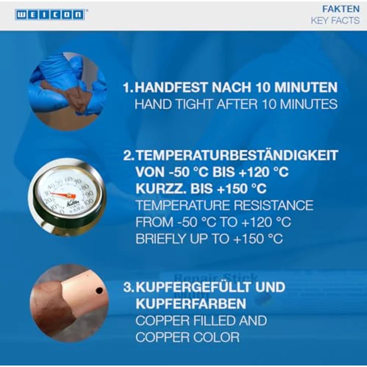 WEICON Repair Stick Kupfer, Klebemittel für schnelle Reparaturen auf feuchten Oberflächen, 115 g – Bild 4