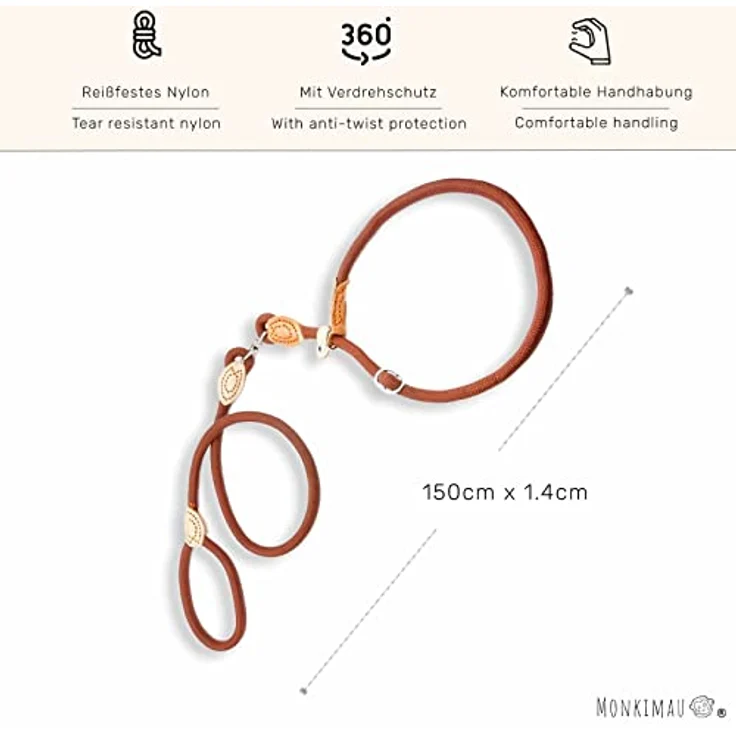 MONKIMAU Hundeleine mit Zugstopp Halsband Set für große Hunde, Nylon 1,4cm x 150cm, reißfest, braun – Bild 3