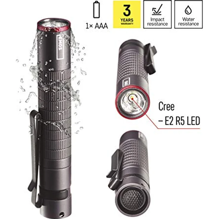 EMOS wasserdichte Mini-Taschenlampe, superhelle CREE-LED-Taschenlampe, 100 lm Metall-Stiftlampe mit 65 m Leuchtweite, Schutzart IP65, Stahlclip, schwarz, P3150 – Bild 4