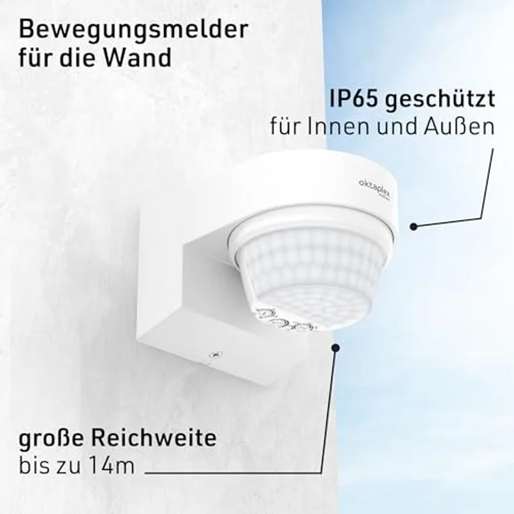 Oktaplex lighting Eva Bewegungsmelder, Außen-IP65, 240 Grad, 14 m Infrarot Sensor mit Eckhalterung, weiß – Bild 2