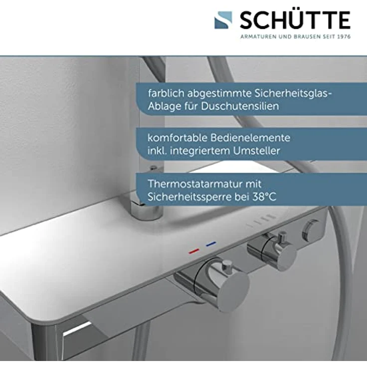 SCHÜTTE OCEAN Duschsystem mit Thermostat und Glasablage - Duschset mit 30x30cm Duschkopf, Regendusche mit Wandhalterung und Duschkopf - Duschpaneel Duschsäule in Chrom/Weiß – Bild 3