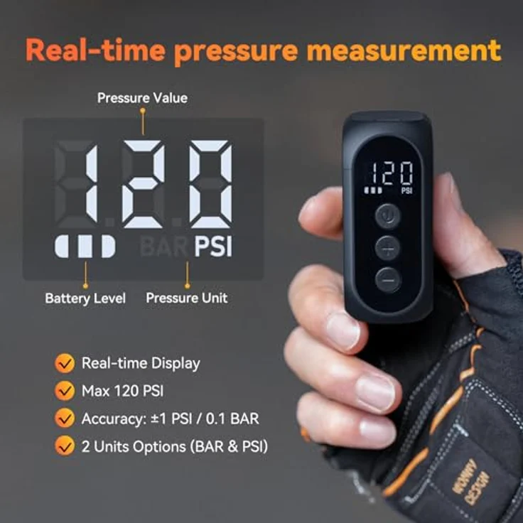 anoutway Tiny Pump AT1 PRO, Mini-Fahrradpumpe elektrisch mit digitalem Manometer, automatische Abschaltung, 2-in-1 Ventil für Mountainbike und Rennrad – Bild 2