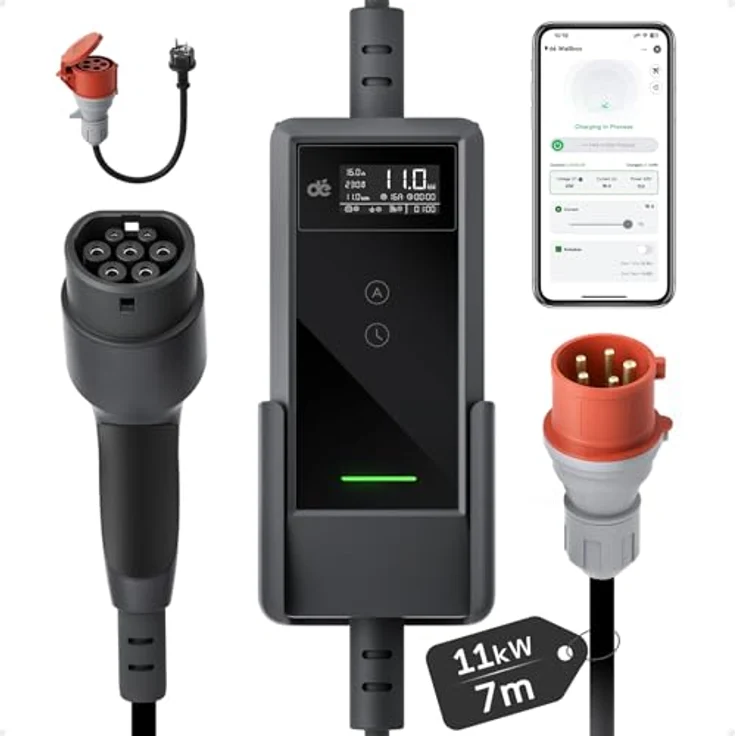 dé 11kW Portable Charger, tragbares EV-Ladegerät mit 7m Type 2 Kabel, App-Steuerung und einstellbarem Strom – Bild 1