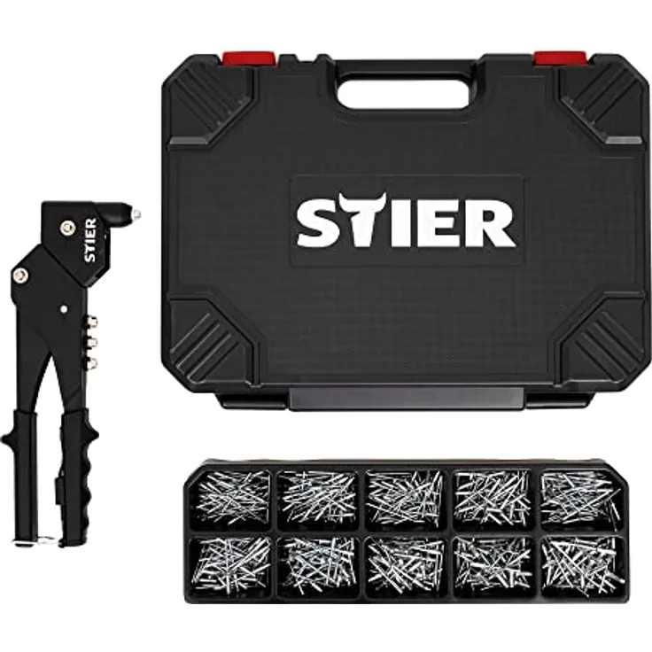 STIER Blindnieten-Satz Premium, mit 360°-Handnietzange, 500 Blindnieten, 501-teilig, Chrom-Vanadium-Stahl
