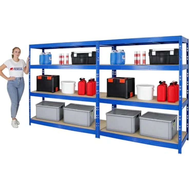 Proregal Schwerlastregal Mega Deal Profi RHINO, 180 x 160 x 60 cm, Traglast 500 kg pro Boden, 4 höhenverstellbare Böden, Steckmontage, Blau – Bild 4