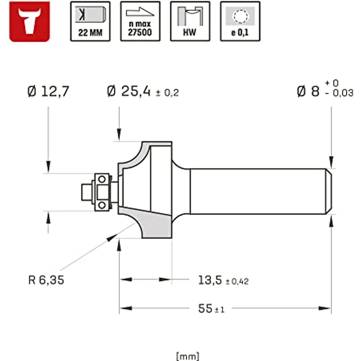 STIER Abrundfräser D25,4 x R6,35 x S8 mm HM (HW), Hartmetall-bestückt, für Profilieren und Abrunden - STIER – Bild 3