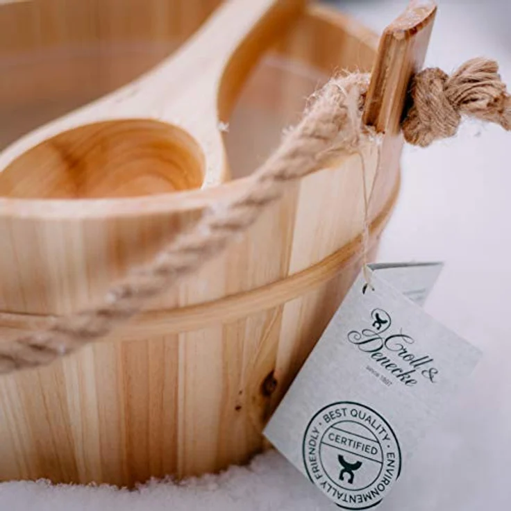 Croll & Denecke Saunakübel aus Kiefernholz, Durchmesser 28 cm, mit wasserdichtem Kunststoffeinsatz und Naturkordel, 3 Liter Fassungsvermögen – Bild 3