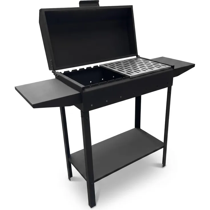 BIG-PAN Mangal-Grill 3 mm Stahl, 84 cm hoch, Holzkohlegrill für bis zu 12 Spieße, inkl. Edelstahl-Grillrost und Deckel, mit 2 abnehmbaren Seitenablagen