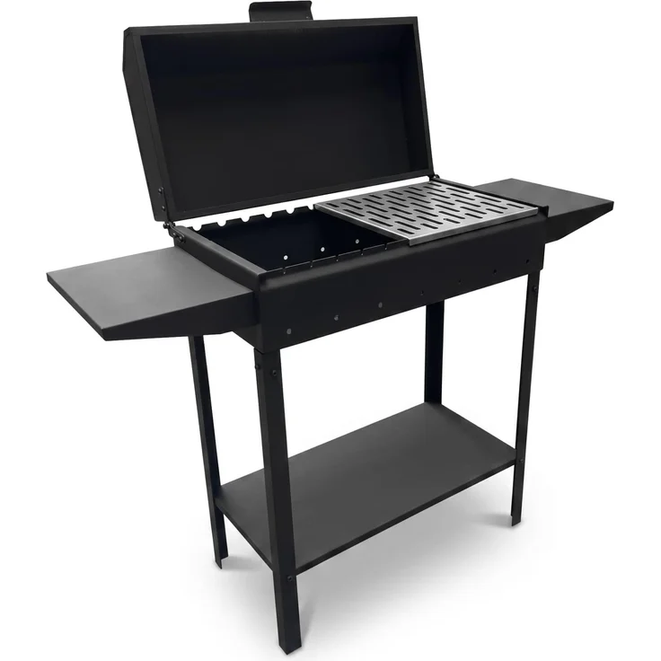 BIG-PAN Mangal-Grill 3 mm Stahl, 84 cm hoch, Holzkohlegrill für bis zu 12 Spieße, inkl. Edelstahl-Grillrost und Deckel, mit 2 abnehmbaren Seitenablagen
