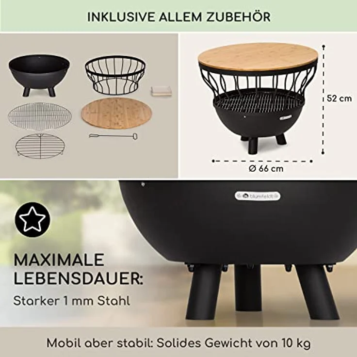 Blumfeldt Feuerschale Garten, 63 cm hohe Wetterfeste Feuerstelle mit Grillrost, Bambusdeckel und Grillring, aus robustem Stahl – Bild 5