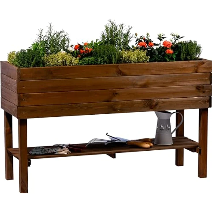 dobar® Großes Hochbeet Massivholz mit Ablage inklusive Pflanzfolie - Erhöhter Pflanzkasten 100 L - 117 x 40 x 80 cm - Dunkelbraun – Bild 1