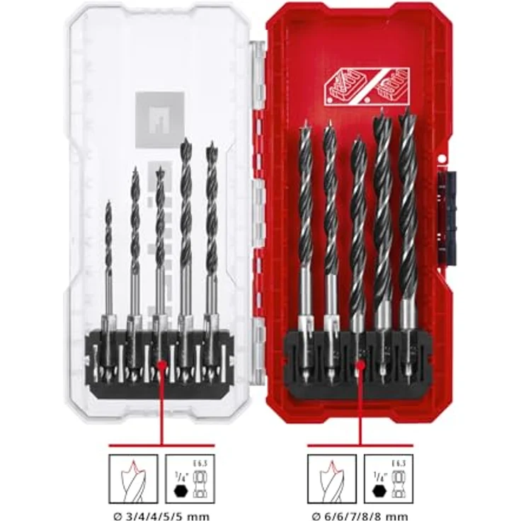 Einhell Original S-CASE 10-tlg. Holzbohrer-Set, rollgewalzter C45 Werkzeugstahl, E 6.3 Schaft, zweispiralig, 3-Punkt-Anschliff, Zentrierspitze inkl. Aufbewahrungsbox – Bild 2