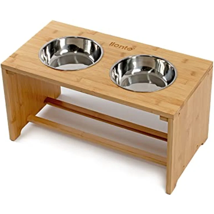 lionto erhöhter Hundenapf Futterstation für Hunde Futterbar für Haustiere aus Bambus 2 Näpfe aus Edelstahl rutschfest, (L) 50x26x26 cm – Bild 1