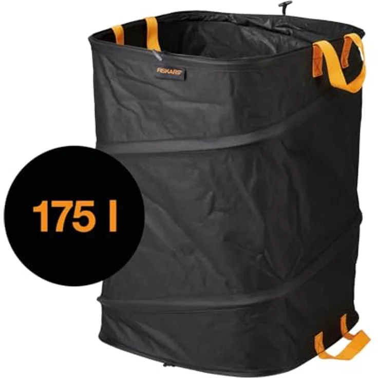 Fiskars PopUp-Gartensack mit Griffen, Platzsparend faltbar, Fassungsvermögen: 175 L, Höhe: 70 cm, Breite: 50 cm, Schwarz-Orange, Ergo, 1028372 – Bild 2