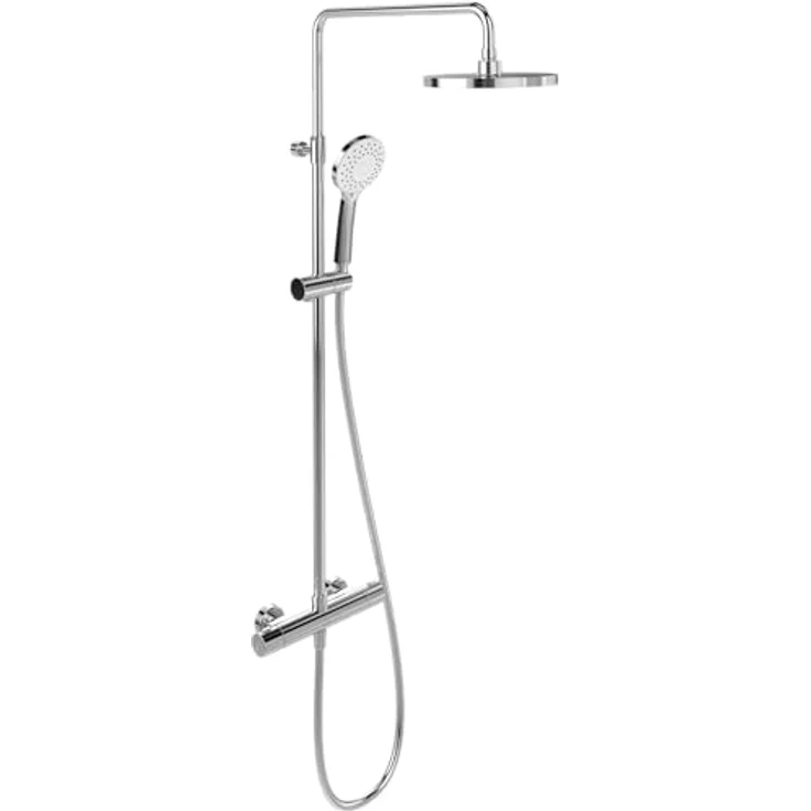 Villeroy & Boch Universal Showers Duschsystem, Duschset mit verstellbarem Handbrausehalter, Regendusche und Thermostat, Handbrause mit 3 Strahlarten, runder Duschkopf, Chrom – Bild 1