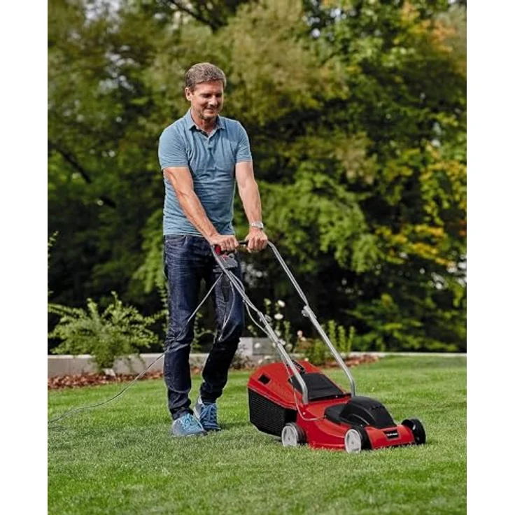 Einhell Elektro-Rasenmäher GC-EM 1032 - 1000 W, 32 cm Schnittbreite, 30 L Fangbox, 3-stufige Schnitthöhenverstellung, klappbarer Führungsholm, 30l Fangsack, rasenschonende Räder – Bild 2
