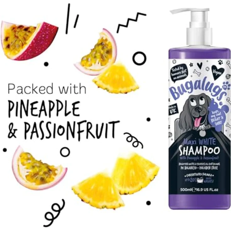 Bugalugs Hundeshampoo Maxi White, PH-neutrales Tiershampoo für strahlendes, weiches Fell, 500 ml, Ananas-Marakuja-Duft – Bild 7