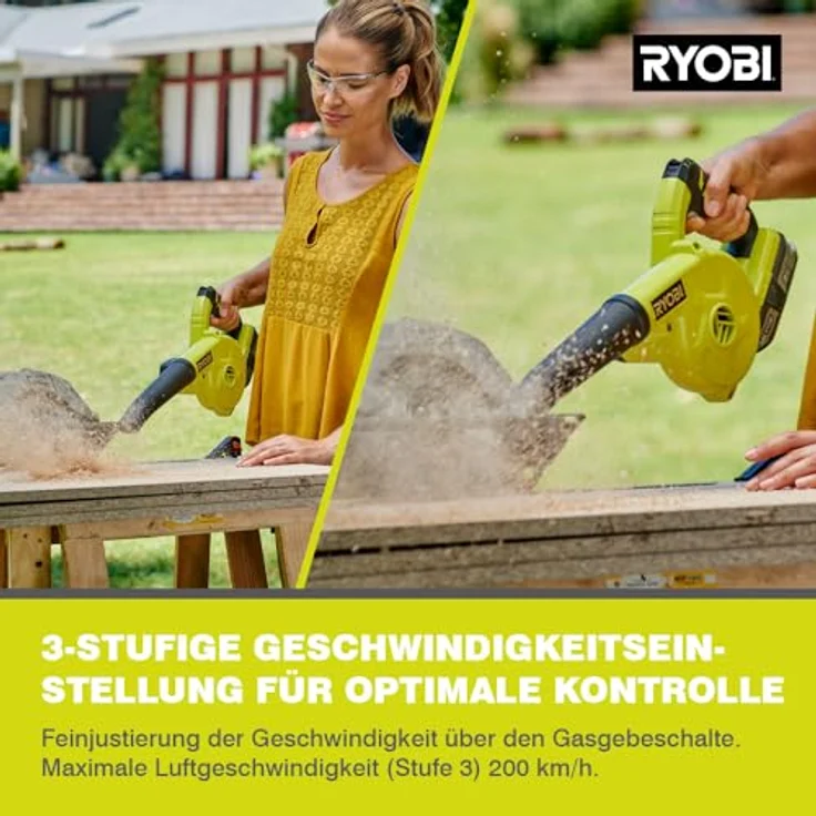 Ryobi R18RB-0 Akku-Gebläse 18V R18RB-0, geeignet für Sägemehl, Holz--Metallspäne, 3-Stufen Geschwindigkeitseinstellung, mit hochwertigem Gummischlauch, GripZone, ONE plus Laubbläser – Bild 4