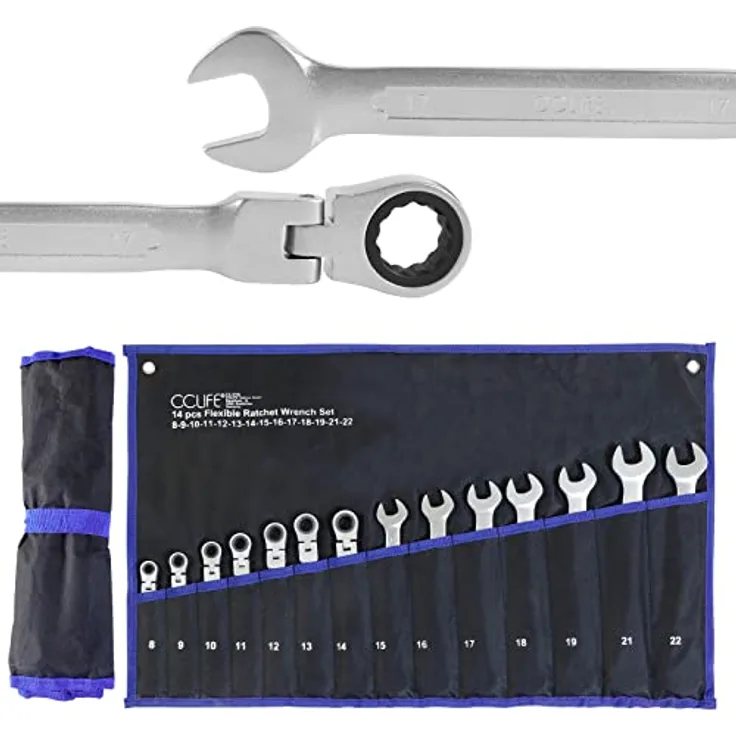 CCLIFE 14tlg Gelenk Ratschenschlüssel Set 8-22mm Flexibles Ratschen Ring Maulschlüssel Set | Cr-V | 72 Zähnen