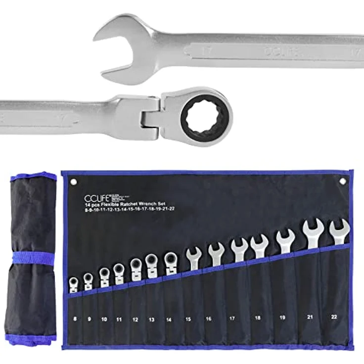 CCLIFE 14tlg Gelenk Ratschenschlüssel Set 8-22mm Flexibles Ratschen Ring Maulschlüssel Set | Cr-V | 72 Zähnen – Bild 1