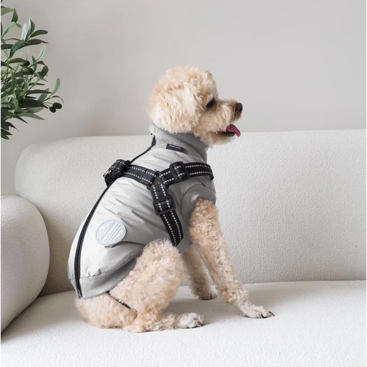 Nordic Paws Dogcoat Thor, Hundemantel mit integriertem Geschirr, wasserabweisend und atmungsaktiv, hellgrau, 45 cm, Größe L