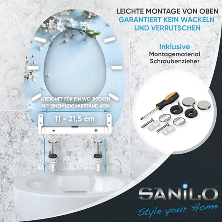 Sanilo WC Sitz mit Absenkautomatik Top Fix Sakura, bruchfester Holz-Sitz mit antibakterieller Beschichtung und bequemen Komfort, 46-48 cm verstellbar – Bild 6