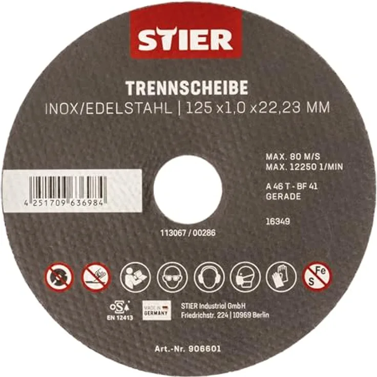 STIER Trennscheibe Edelstahl 125 x 1,0 x 22,23 mm, Form gerade 10 Stk, für Edelstahl und andere Metalle, von STIER