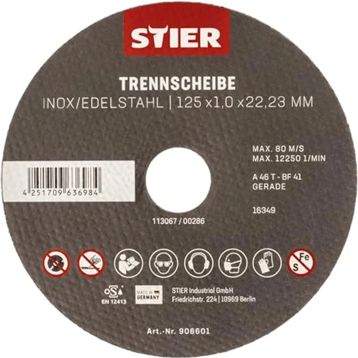 STIER Trennscheibe Edelstahl 125 x 1,0 x 22,23 mm, Form gerade 10 Stk, für Edelstahl und andere Metalle, von STIER – Bild 1
