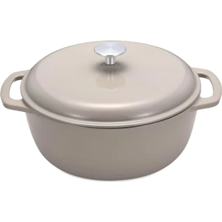 Amazon Basics Schmortopf Rund, emailliertes Gusseisen mit Deckel, 5,7 L, gleichmäßige Wärmeverteilung, leinengrau – Bild 1