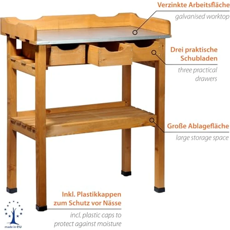 dobar 29030e Praktischer Pflanztisch mit 3 Schubladen und 2 Ablageflächen aus imprägniertem Kiefernholz, 80 x 40 x 90 cm – Bild 4